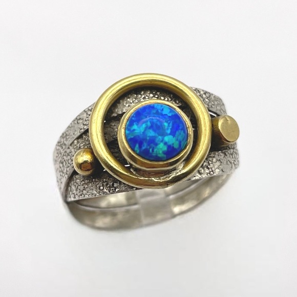 Artisan Rustic Blue Opal Sterling Silver Brass‎ Ring Textured Band 8 US - Picture 1 of 10
